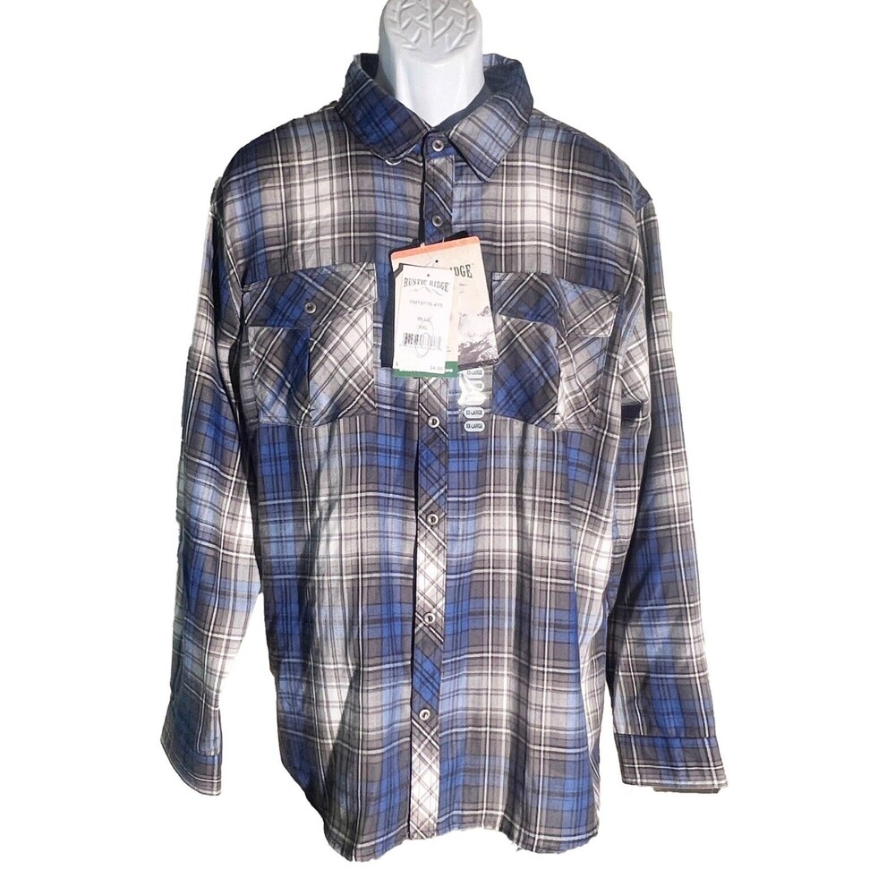 RUSTIC RIDGE Men's Long Sleeve Button Down Plaid Shirt Blue 2XL NWT